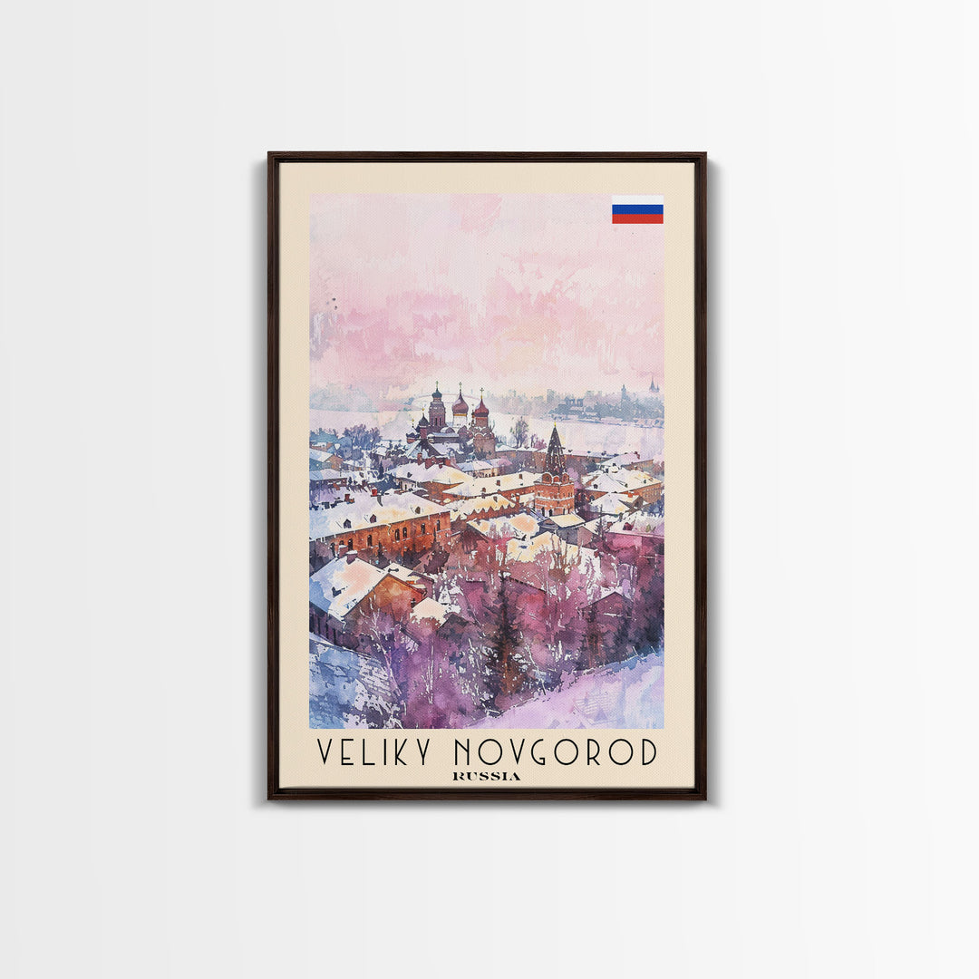 Veliky Novgorod Russia Travel Poster Framed Canvas Print, Watercolor Painting, Historic Wall Art, Home Decor, Russian Architecture, Classic Decor