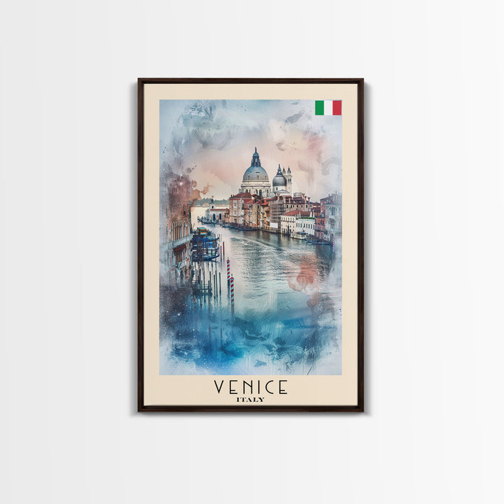 Venice Italy Travel Poster Framed Canvas Print, Watercolor Painting, Scenic Wall Art, Home Decor, Italian Canals, Romantic Decor