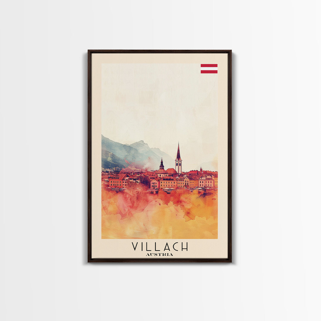 Villach Austria Travel Poster Framed Canvas Print, Watercolor Painting, Scenic Wall Art, Home Decor, Austrian Landscape, Alpine Art