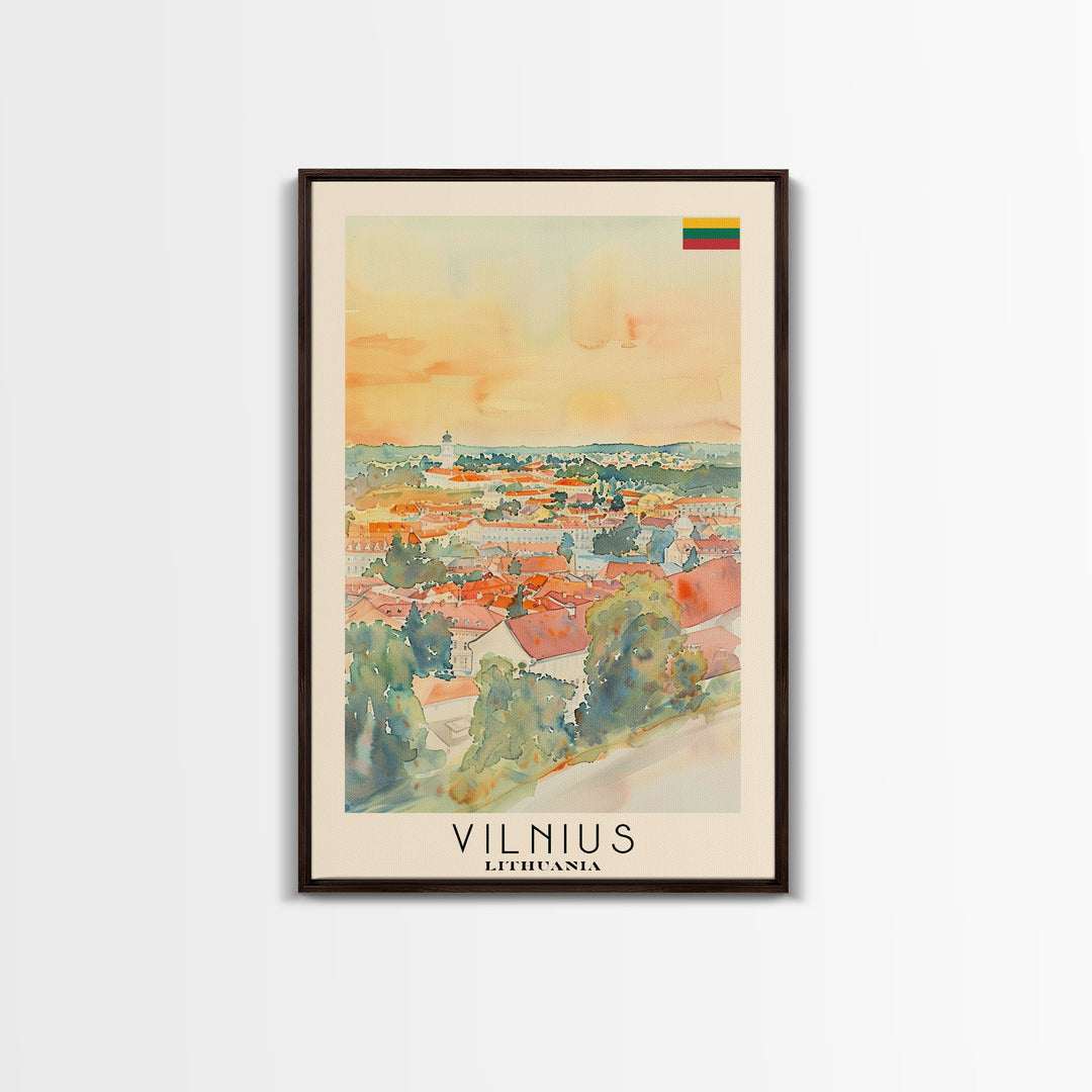 Vilnius Lithuania Travel Poster Framed Canvas Print, Watercolor Painting, Historic Wall Art, Home Decor, Lithuanian Architecture, Heritage Art