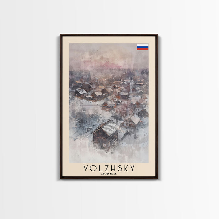 Volzhsky Russia Travel Poster Framed Canvas Print, Watercolor Painting, Urban Wall Art, Home Decor, Russian Cityscape, Classic Decor