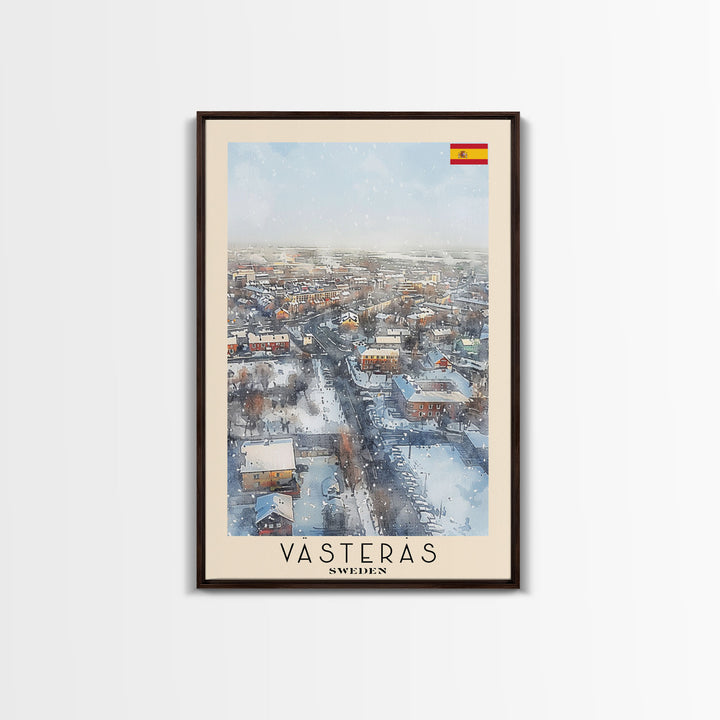 Vsters Sweden Travel Poster Framed Canvas Print, Watercolor Painting, Urban Wall Art, Home Decor, Swedish Cityscape, Modern Art