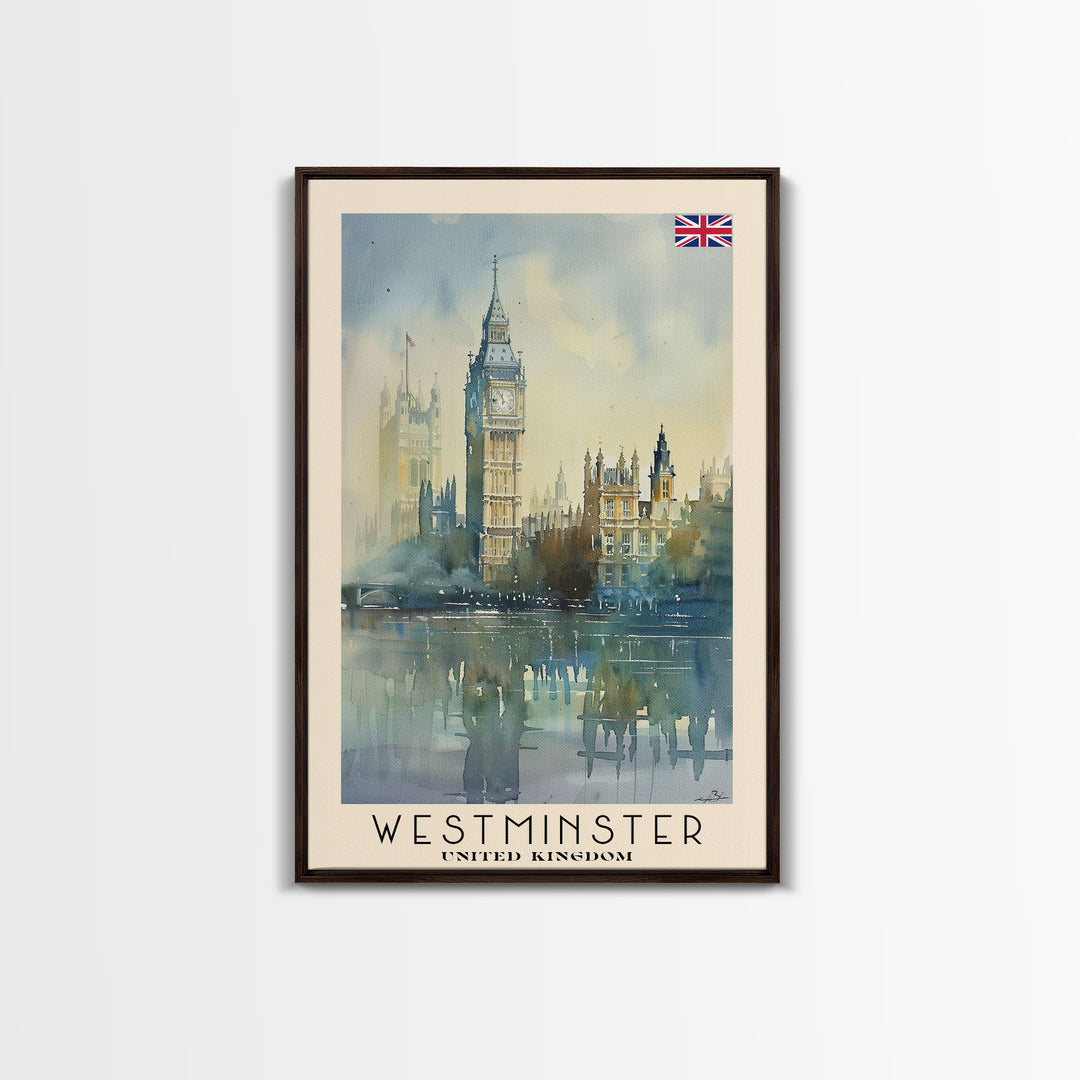 Westminster United Kingdom Travel Poster Framed Canvas Print, Watercolor Painting, Urban Wall Art, Home Decor, British Cityscape, Gift for Travelers