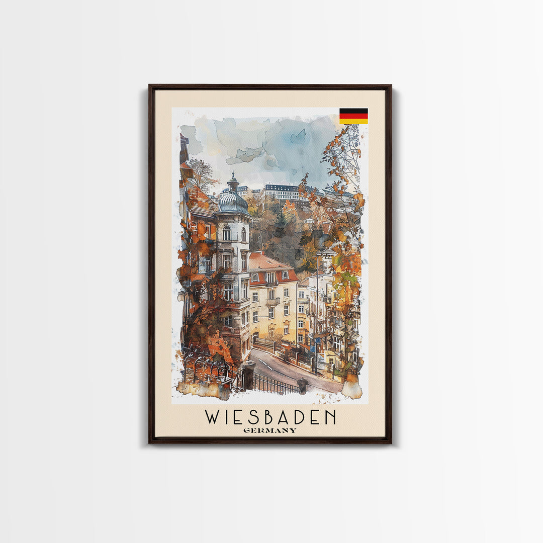 Wiesbaden Germany Travel Poster Framed Canvas Print, Watercolor Painting, Scenic Wall Art, Home Decor, German Cityscape, Artistic Gift