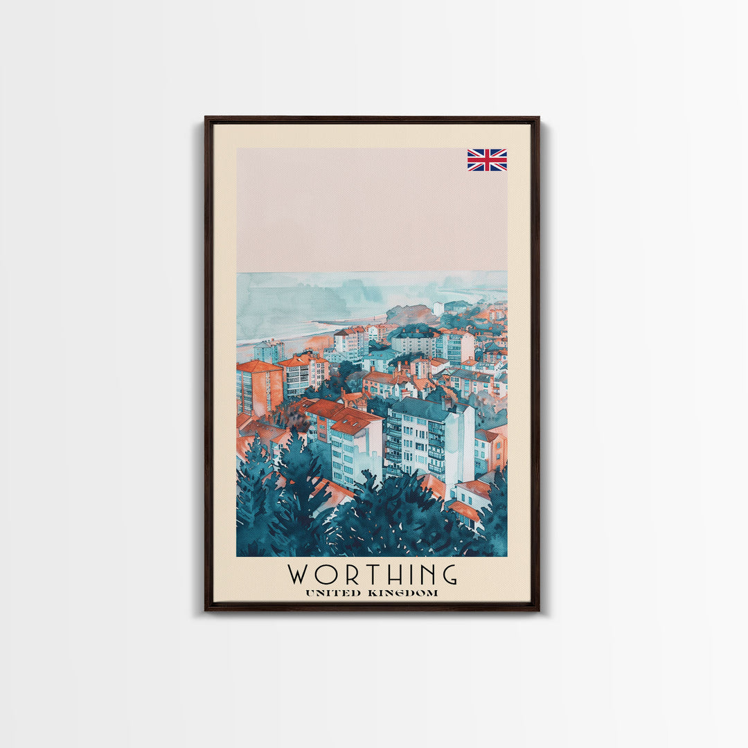 Worthing United Kingdom Travel Poster Framed Canvas Print, Watercolor Painting, Coastal Wall Art, Home Decor, British Seaside, Nautical Gift