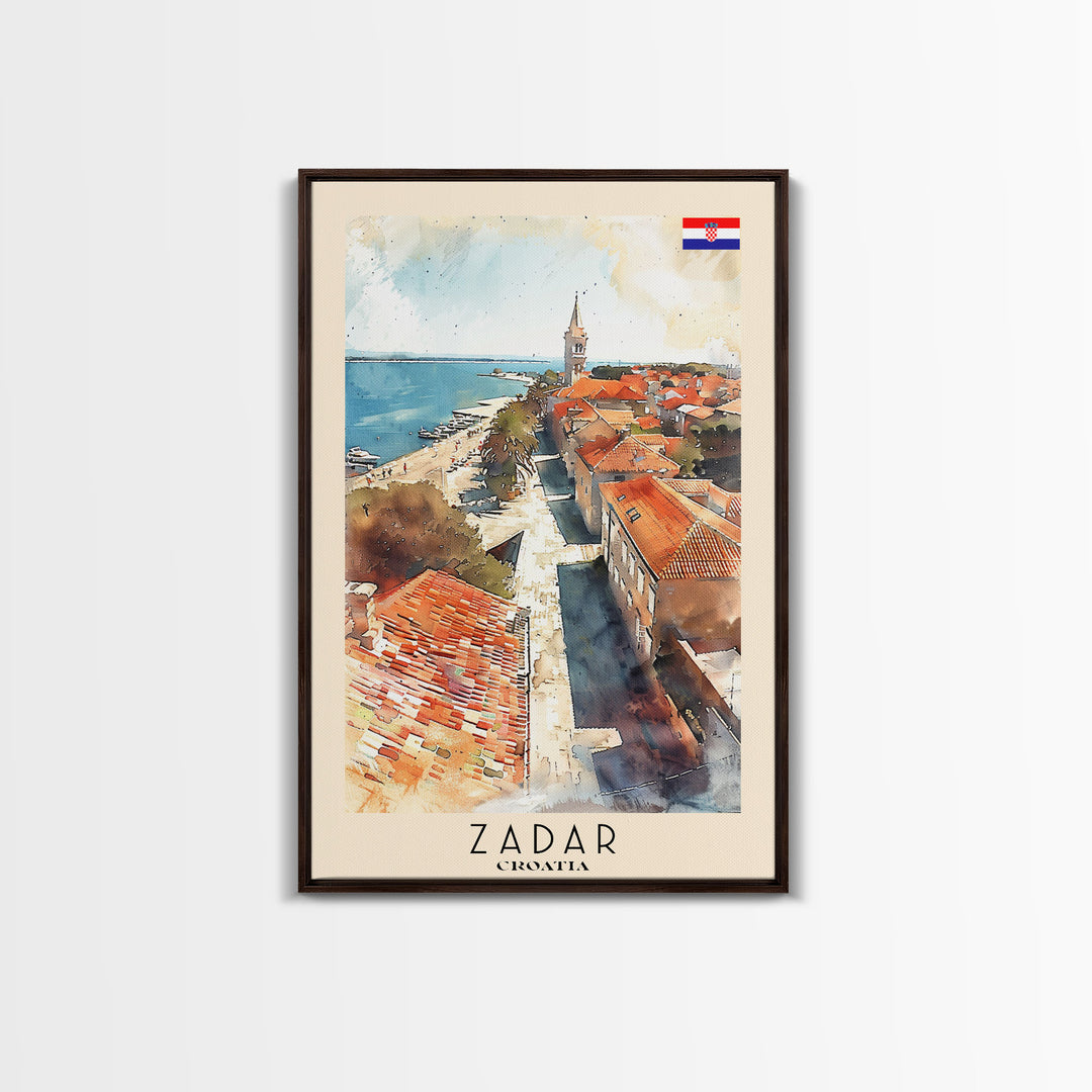 Zadar Croatia Travel Poster Framed Canvas Print, Watercolor Painting, Coastal Wall Art, Home Decor, Croatian Seaside, Nautical Gift