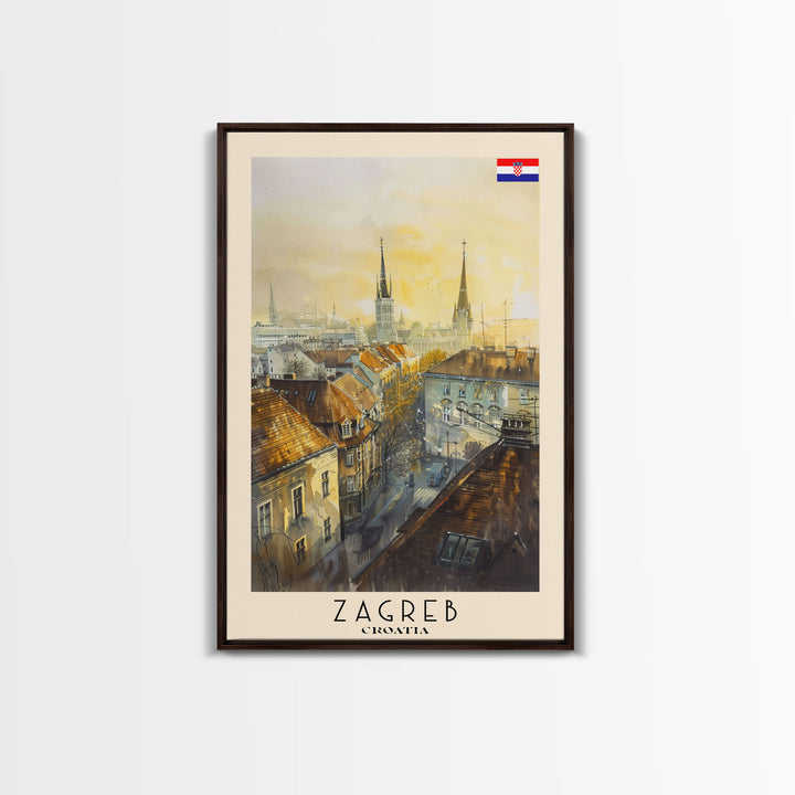 Zagreb Croatia Travel Poster Framed Canvas Print, Watercolor Painting, Urban Wall Art, Home Decor, Croatian Cityscape, Gift for Travelers