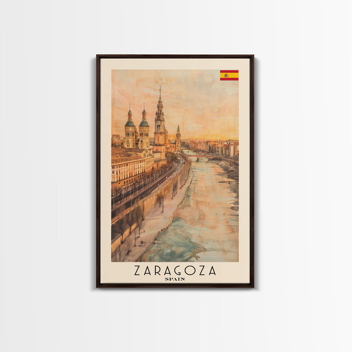 Zaragoza Spain Travel Poster Framed Canvas Print, Watercolor Painting, Urban Wall Art, Home Decor, Spanish Cityscape, Artistic Gift