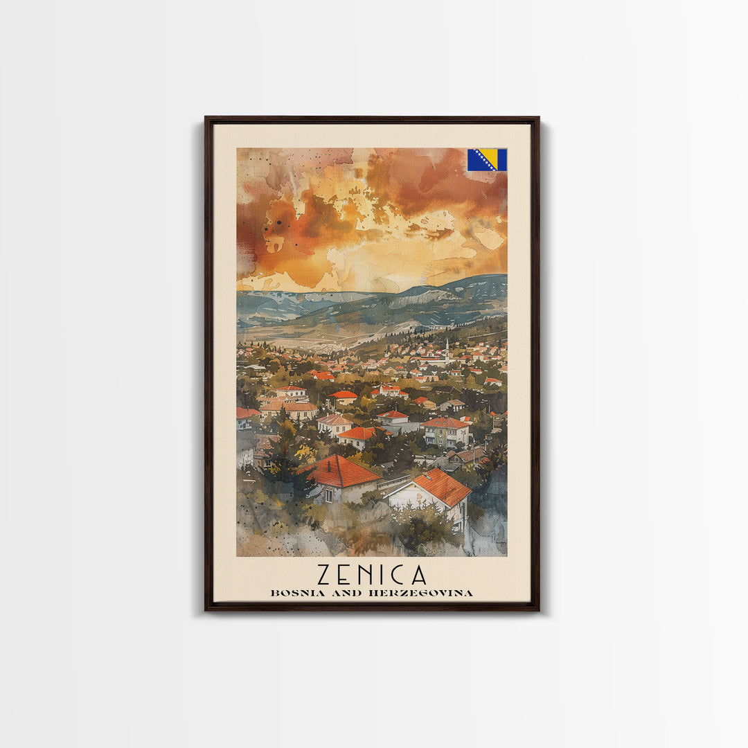 Zenica Bosnia Travel Poster Framed Canvas Print, Watercolor Painting, Scenic Wall Art, Home Decor, Bosnian Landscape, Unique Gift