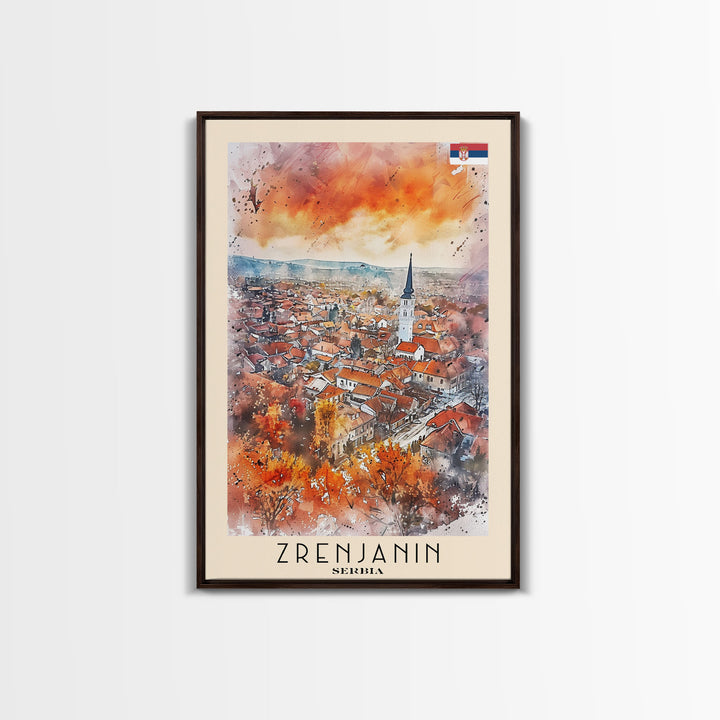 Zrenjanin Serbia Travel Poster Framed Canvas Print, Watercolor Painting, Scenic Wall Art, Home Decor, Serbian Landscape, Unique Gift