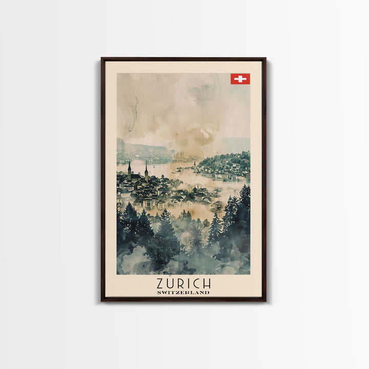 Zurich Switzerland Travel Poster Framed Canvas Print, Watercolor Painting, Urban Wall Art, Home Decor, Swiss Cityscape, Elegant Gift