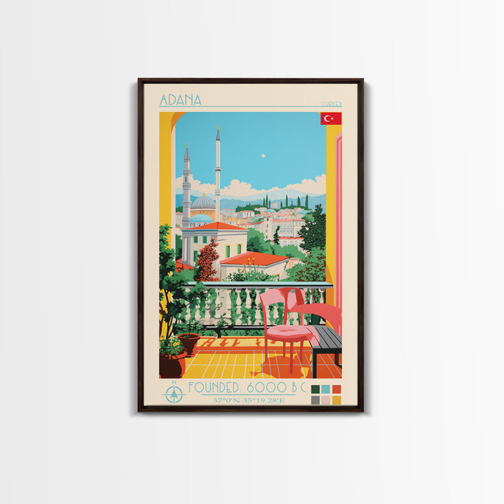 Adana Turkey Travel Poster Framed Canvas Print, Midcentury Modern Art, Pop Art Decor, Scenic View Wall Art, Vacation Gift, Home Decoration, Living Room Print