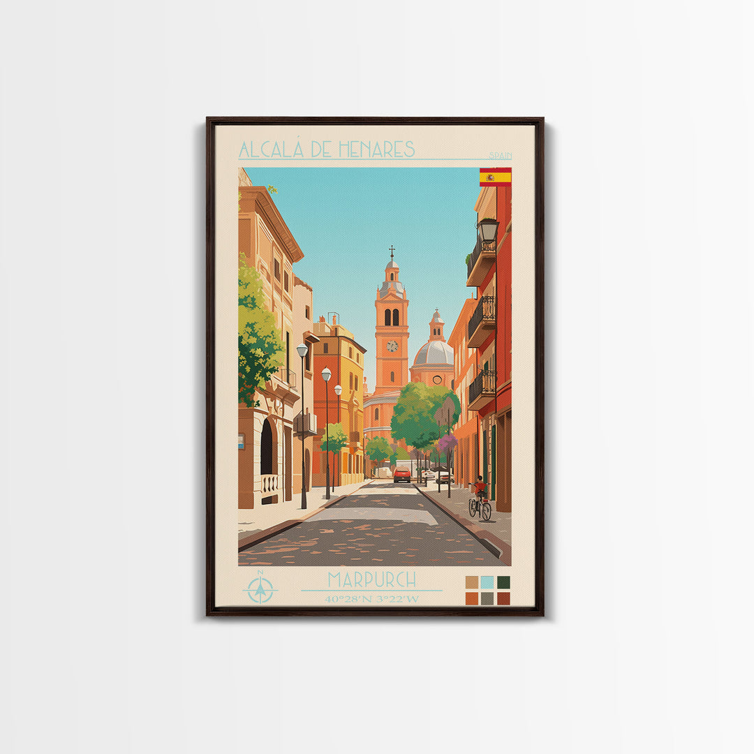 Alcalá de Henares Spain Travel Poster Framed Canvas Print, Midcentury Modern Art, Pop Art Decor, Wall Art, Vacation Gift, Living Room Decoration, Scenic Print