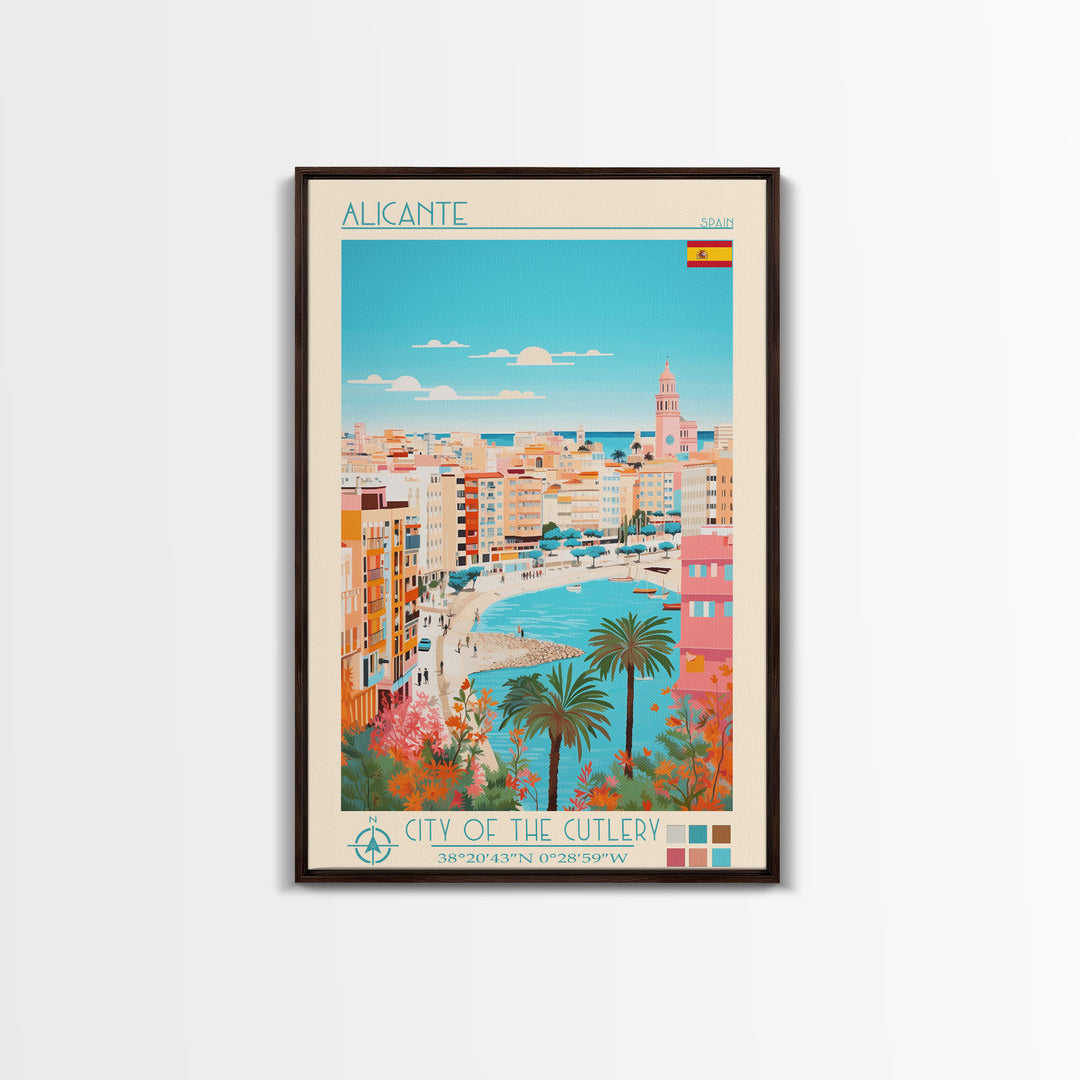 Alicante Spain Travel Poster Framed Canvas Print, Midcentury Modern Art, Pop Art Decor, Wall Art, Vacation Gift, Living Room Decoration, Scenic Print