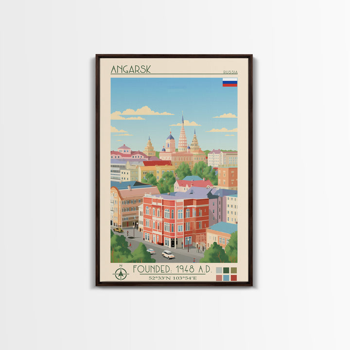 Angarsk Russia Travel Poster Framed Canvas Print, Midcentury Modern Art, Pop Art Decor, Wall Art, Vacation Gift, Living Room Decoration, Scenic Print