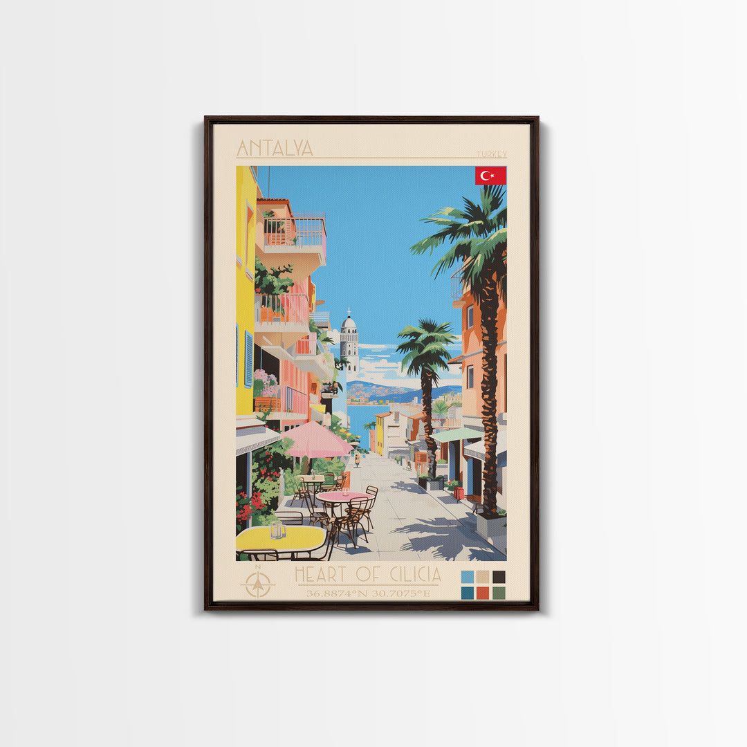 Antalya Turkey Travel Poster Framed Canvas Print, Midcentury Modern Art, Pop Art Wall Decor, Home Decor, Vacation Gift, Living Room Art