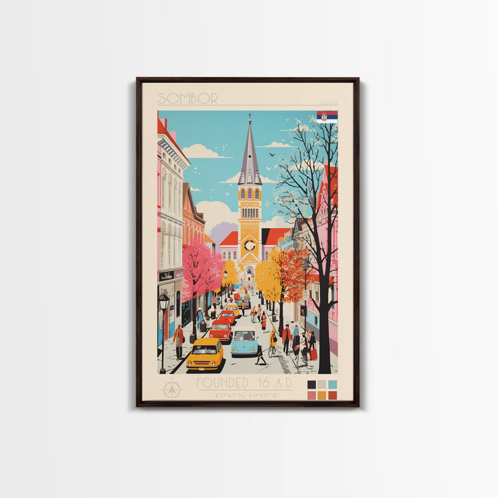 Sombor Serbia Travel Poster Framed Canvas Print, Midcentury Modern Art, Pop Art Wall Decor, Scenic Wall Art, Office Decoration