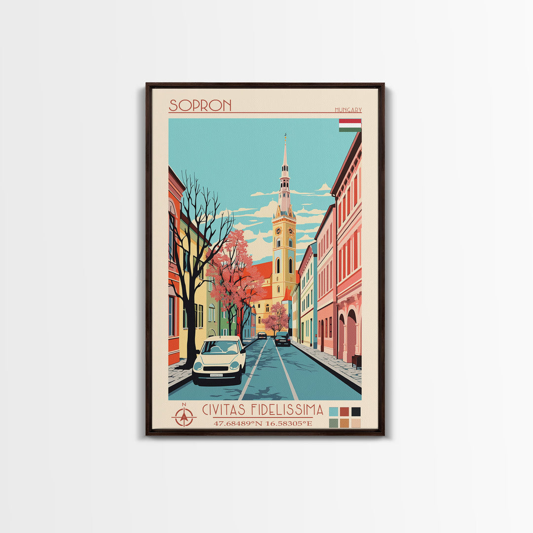 Sopron Hungary Travel Poster Framed Canvas Print, Midcentury Modern Art, Pop Art Wall Decor, Bedroom Decor, Vacation Gift