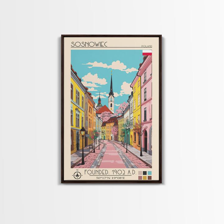 Sosnowiec Poland Travel Poster Framed Canvas Print, Midcentury Modern Art, Pop Art Wall Decor, Home Decor, Living Room Art