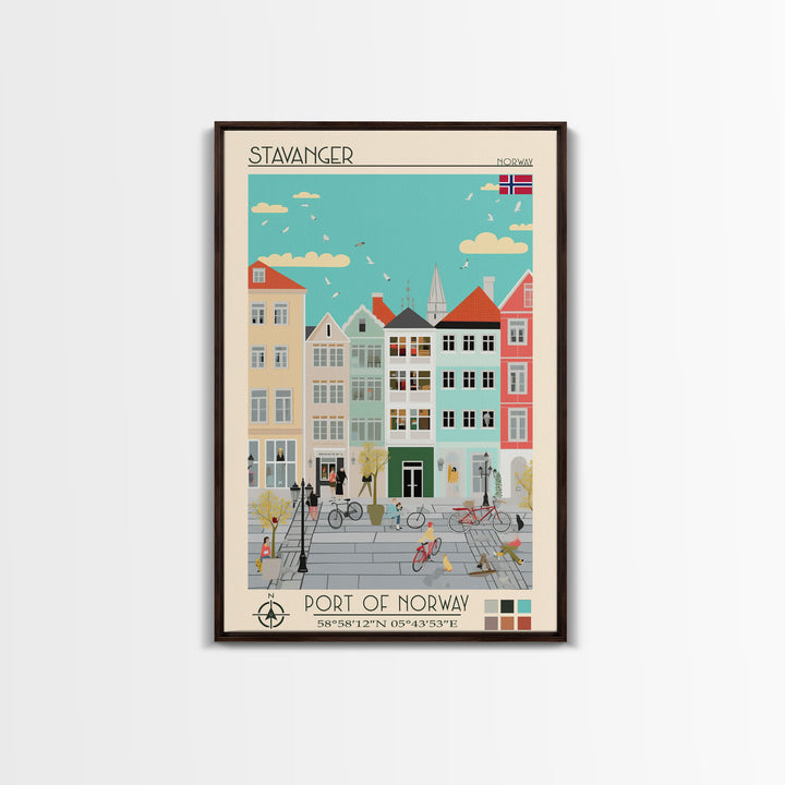 Stavanger Norway Travel Poster Framed Canvas Print, Midcentury Modern Art, Pop Art Wall Decor, Living Room Art, Home Decoration