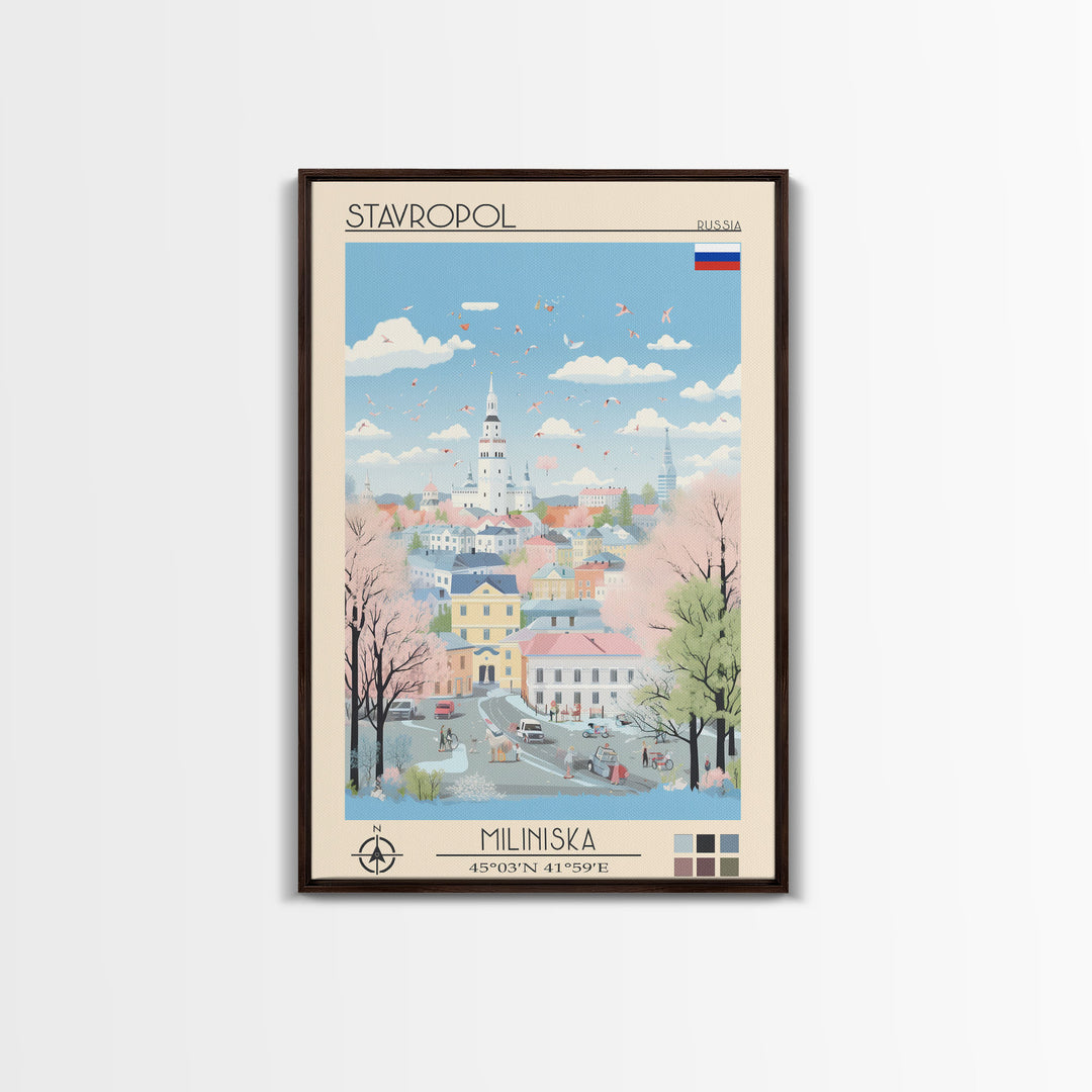 Stavropol Russia Travel Poster Framed Canvas Print, Midcentury Modern Art, Pop Art Wall Decor, Living Room Art, Vacation Gift