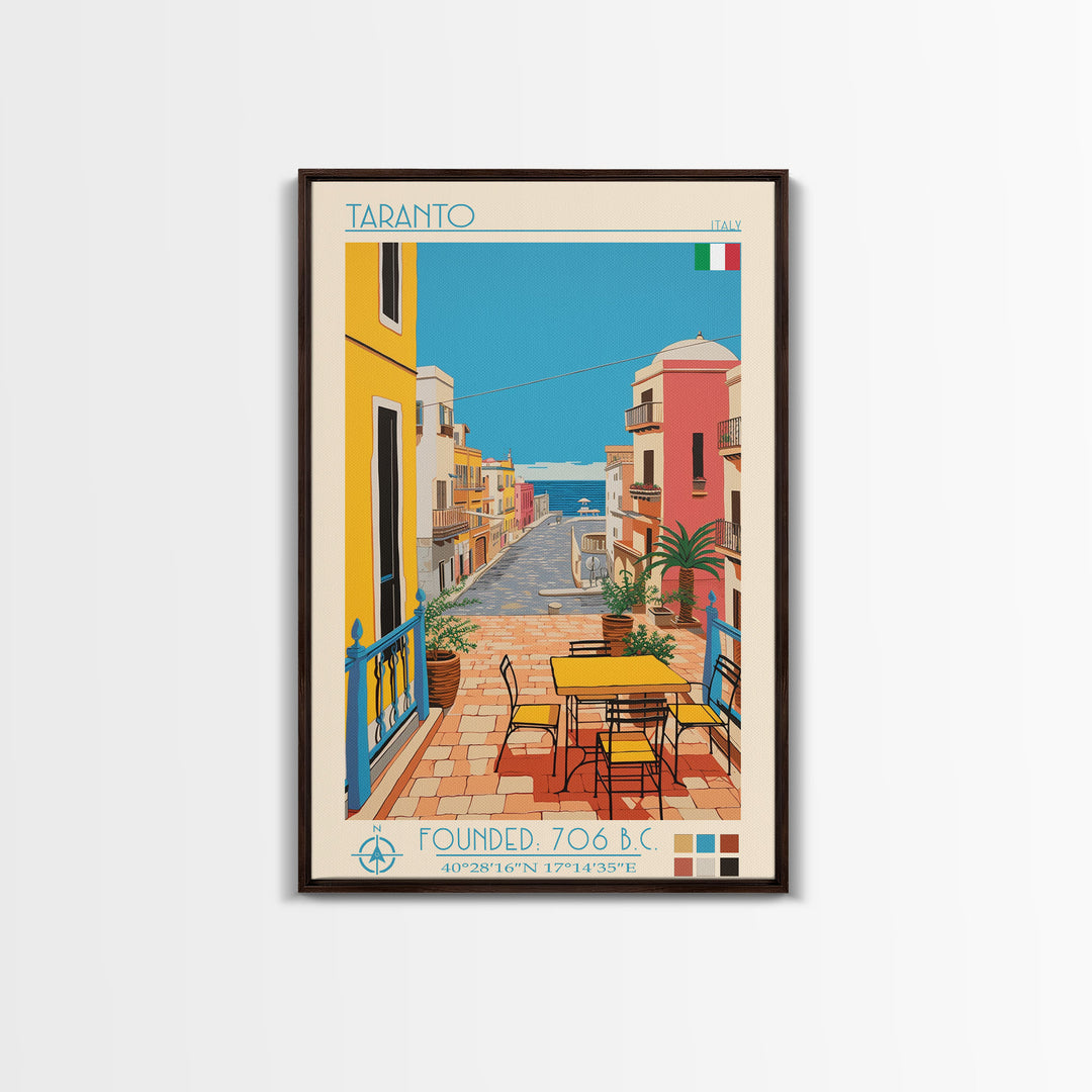 Taranto Italy Travel Poster Framed Canvas Print, Midcentury Modern Art, Pop Art Wall Decor, Living Room Art, Home Decoration