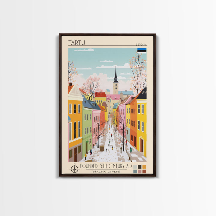 Tartu Estonia Travel Poster Framed Canvas Print, Midcentury Modern Art, Pop Art Wall Decor, Living Room Art, Home Decoration