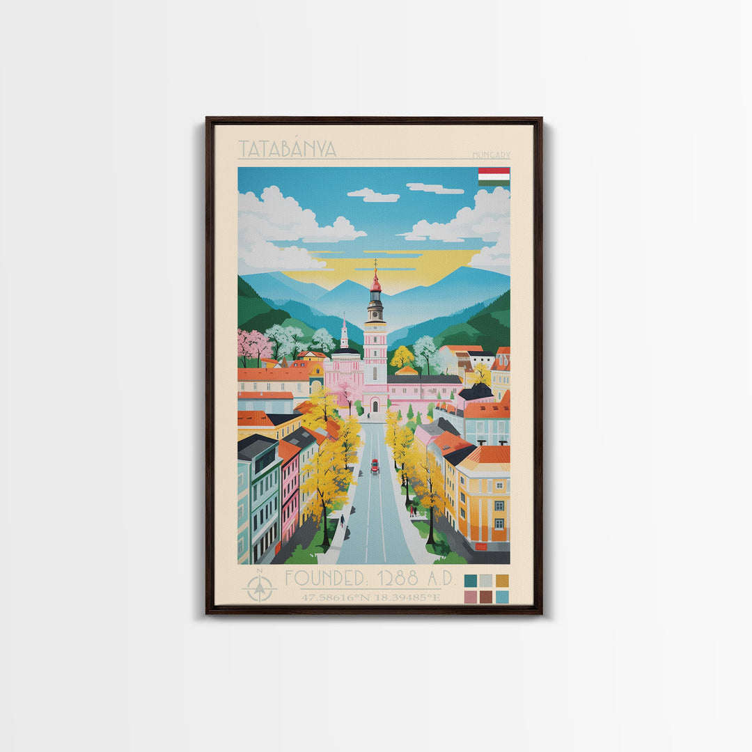 Tatabánya Hungary Travel Poster Framed Canvas Print, Midcentury Modern Art, Pop Art Wall Decor, Living Room Art, Vacation Gift