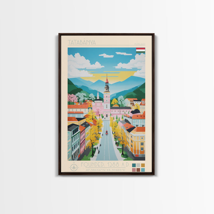 Tatabánya Hungary Travel Poster Framed Canvas Print, Midcentury Modern Art, Pop Art Wall Decor, Living Room Art, Vacation Gift