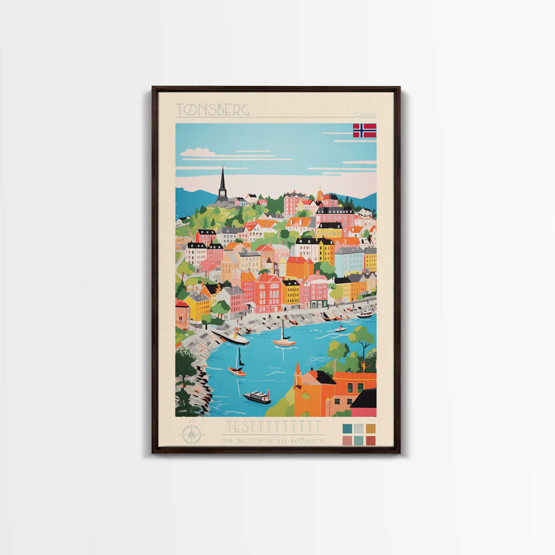 Tønsberg Norway Travel Poster Framed Canvas Print, Midcentury Modern Art, Pop Art Wall Decor, Living Room Art, Vacation Gift