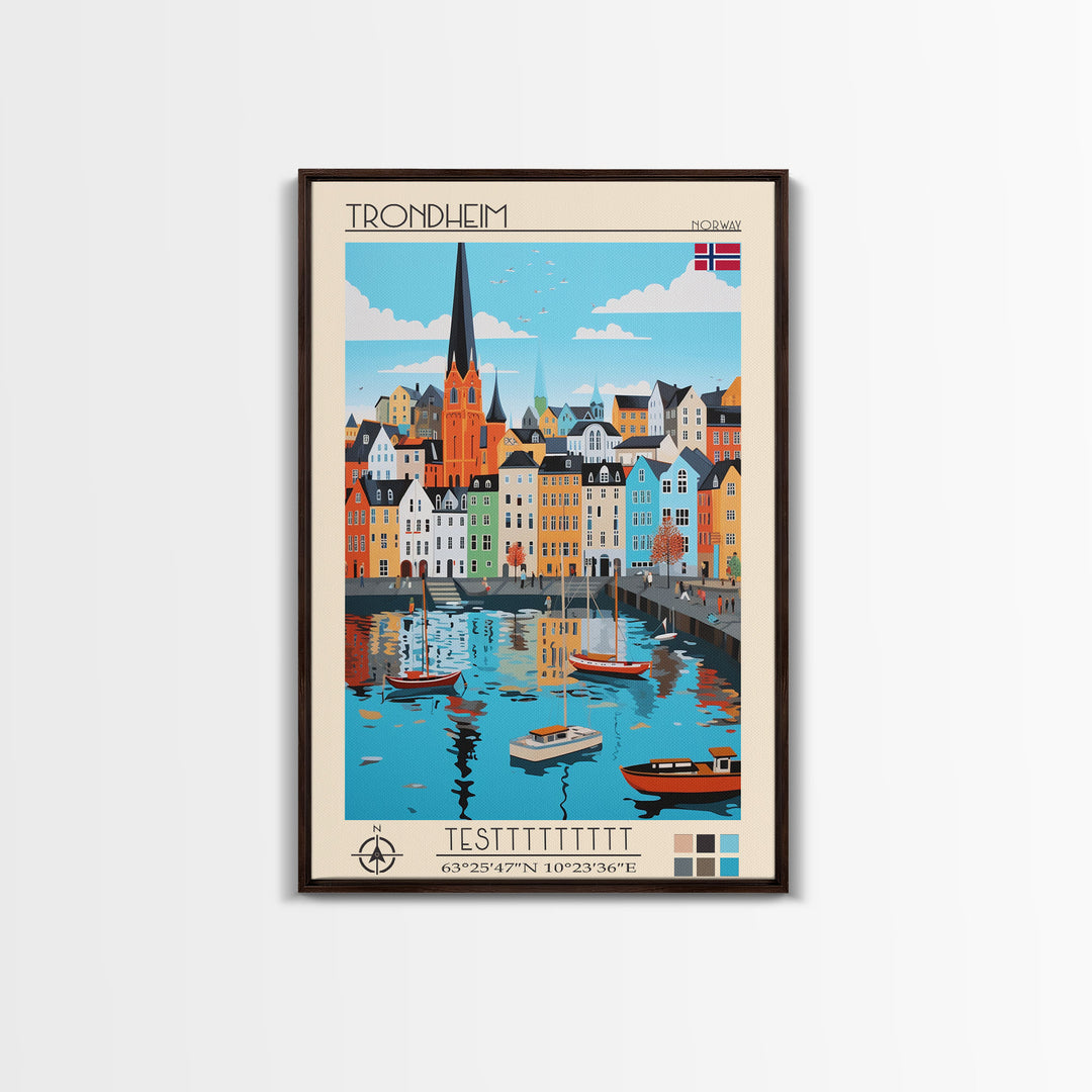 Trondheim Norway Travel Poster Framed Canvas Print, Midcentury Modern Art, Pop Art Wall Decor, Living Room Art, Home Decoration