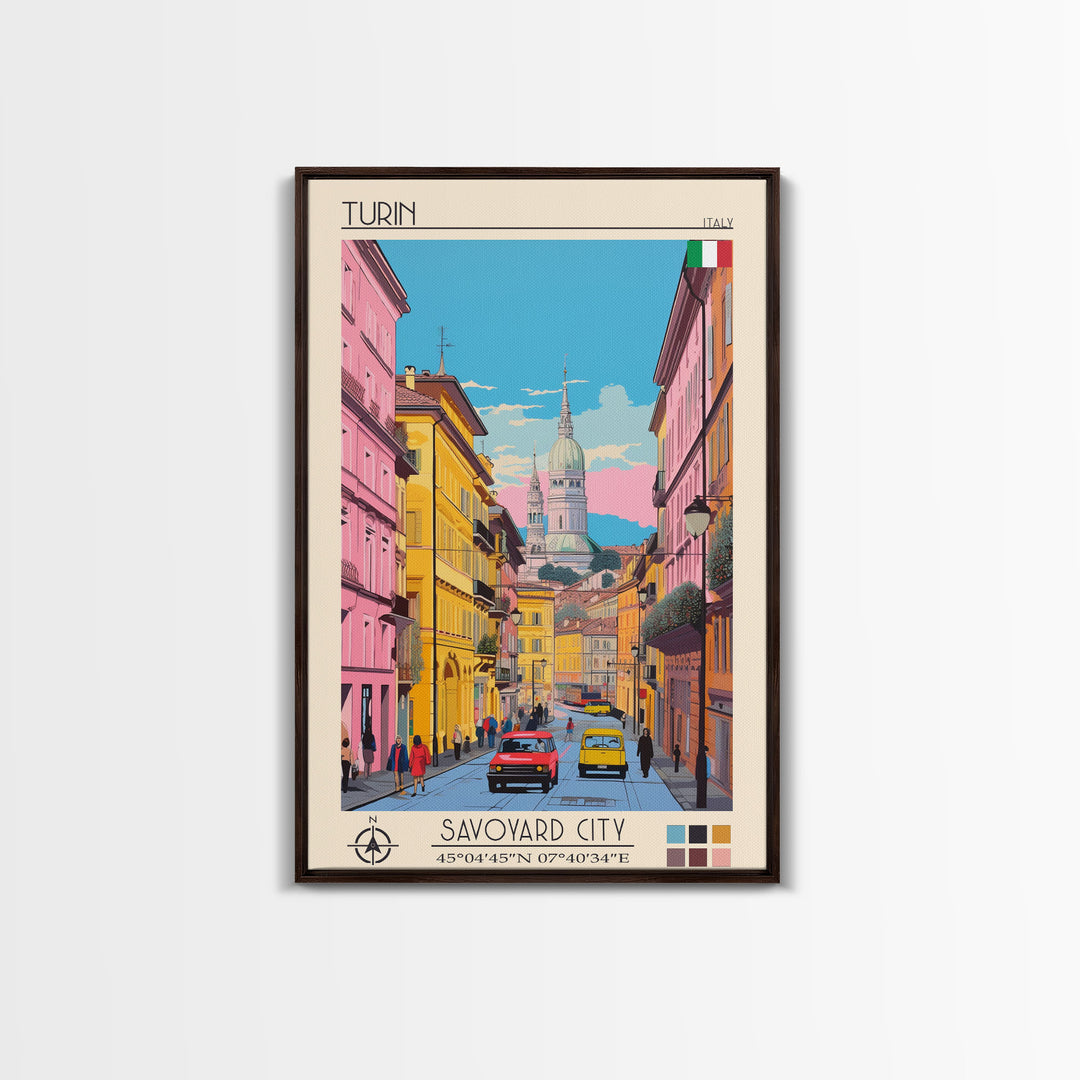 Turin Italy Travel Poster Framed Canvas Print, Midcentury Modern Art, Pop Art Wall Decor, Living Room Art, Home Decoration