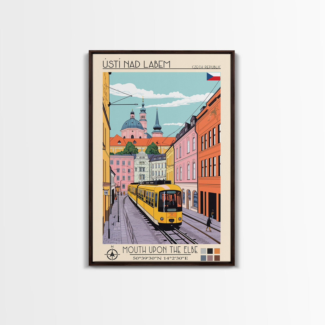 Ústí nad Labem Czech Republic Travel Poster Framed Canvas Print, Midcentury Modern Art, Pop Art Wall Decor, Living Room Art