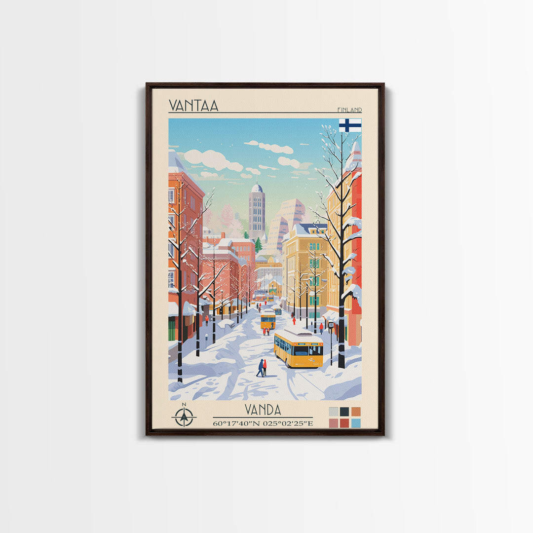 Vantaa Finland Travel Poster Framed Canvas Print, Midcentury Modern Art, Pop Art Wall Decor, Living Room Art, Vacation Gift