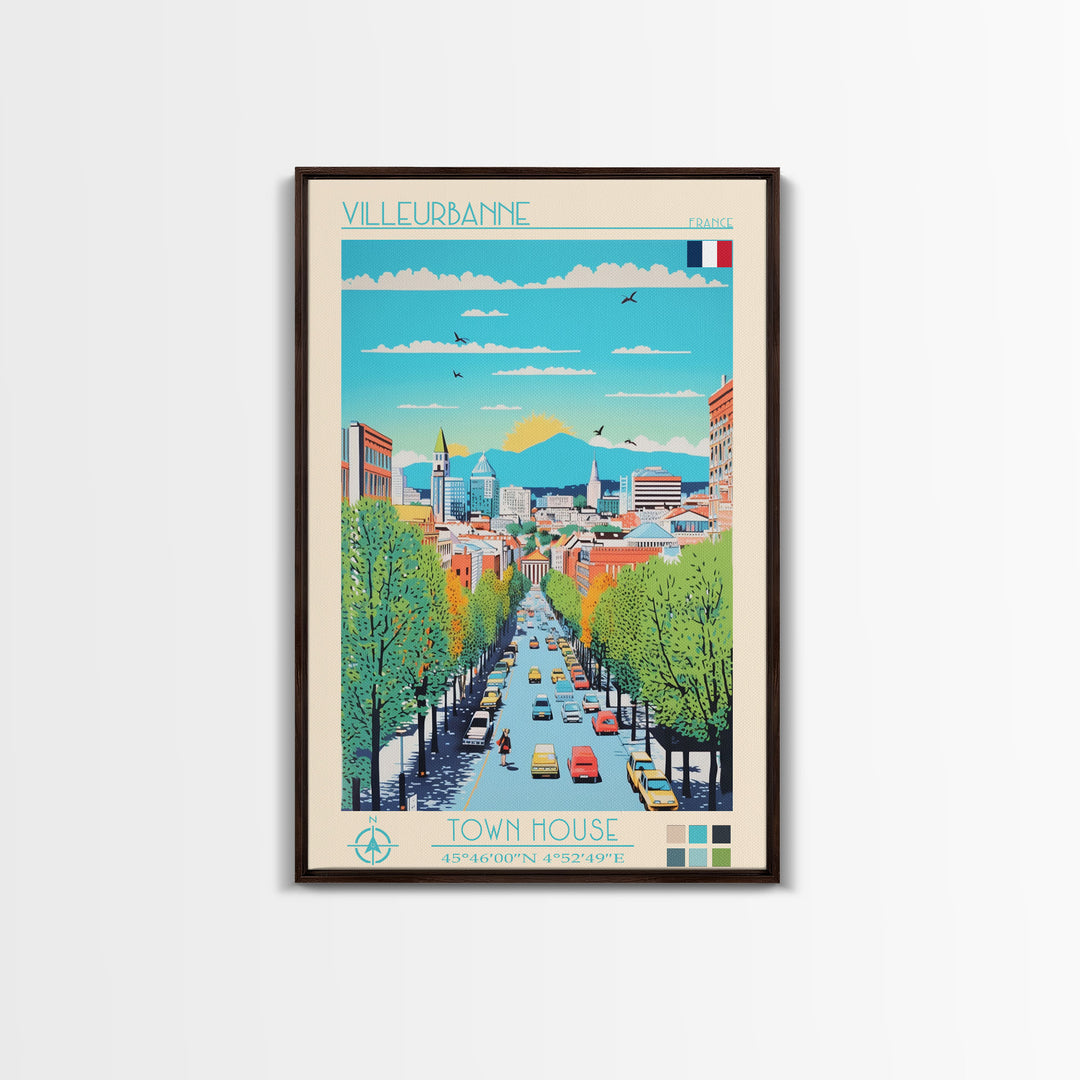 Villeurbanne France Travel Poster Framed Canvas Print, Midcentury Modern Art, Pop Art Wall Decor, Living Room Art, Vacation Gift