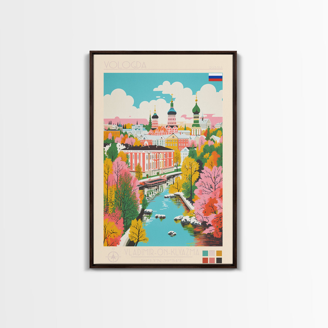 Vologda Russia Travel Poster Framed Canvas Print, Midcentury Modern Art, Pop Art Wall Decor, Living Room Art, Home Decoration