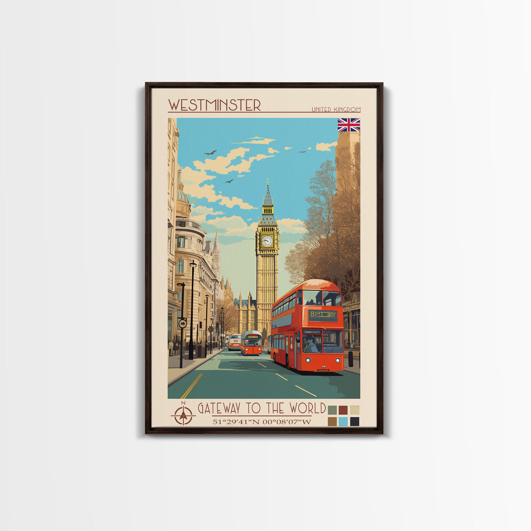 Westminster United Kingdom Travel Poster Framed Canvas Print, Midcentury Modern Art, Pop Art Wall Decor, Living Room Art, Home Decoration