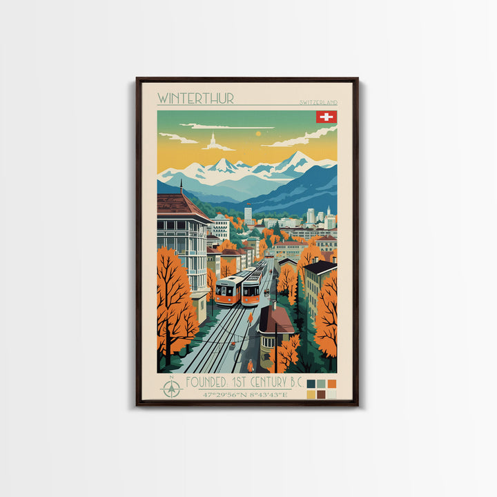 Winterthur Switzerland Travel Poster Framed Canvas Print, Midcentury Modern Art, Pop Art Wall Decor, Living Room Art, Scenic Wall Art