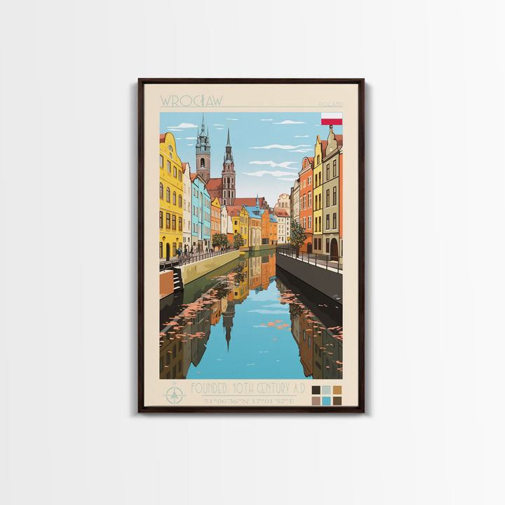 Wrocław Poland Travel Poster Framed Canvas Print, Midcentury Modern Art, Pop Art Wall Decor, Living Room Art, Scenic Wall Art