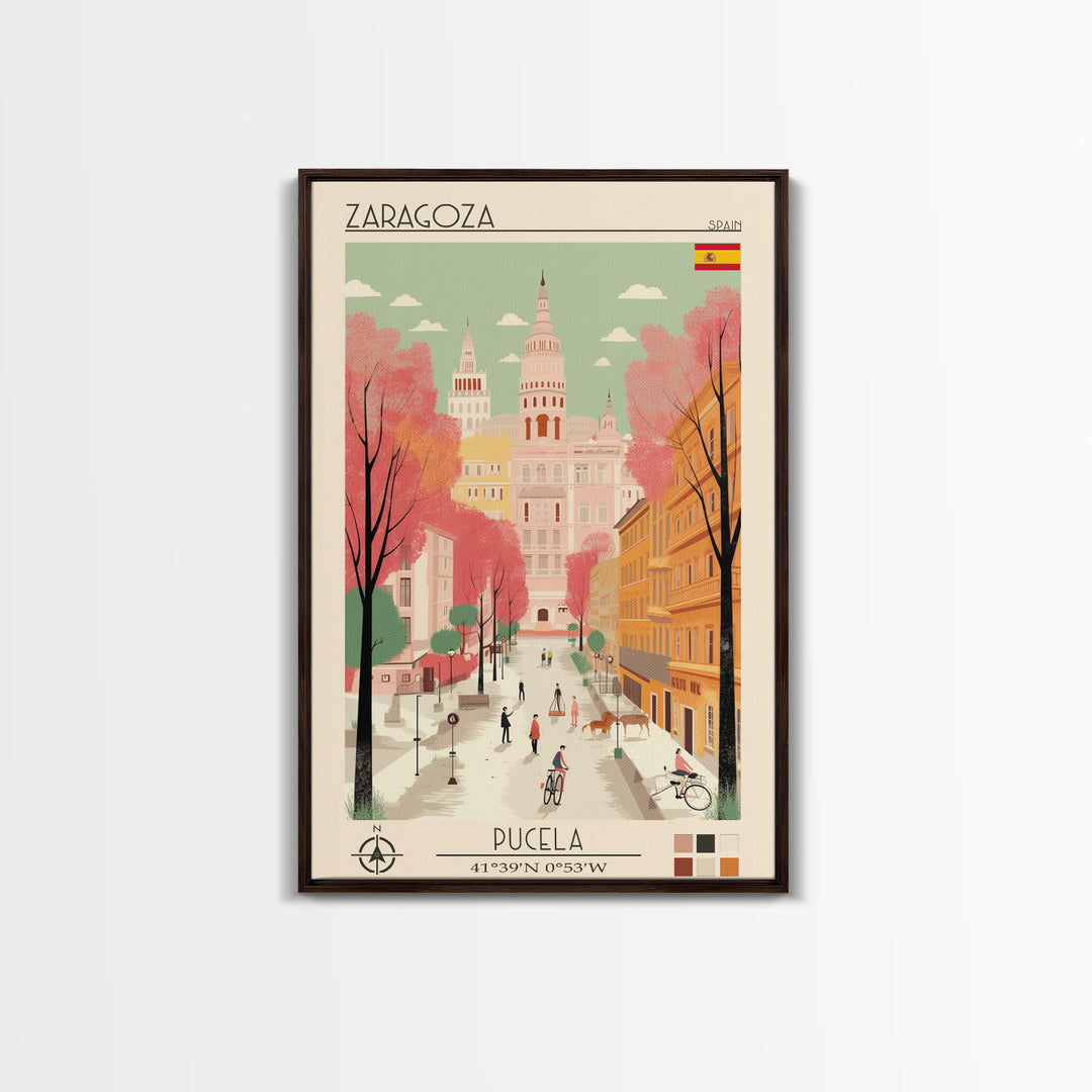 Zaragoza Spain Travel Poster Framed Canvas Print, Midcentury Modern Art, Pop Art Wall Decor, Living Room Art, Vacation Gift