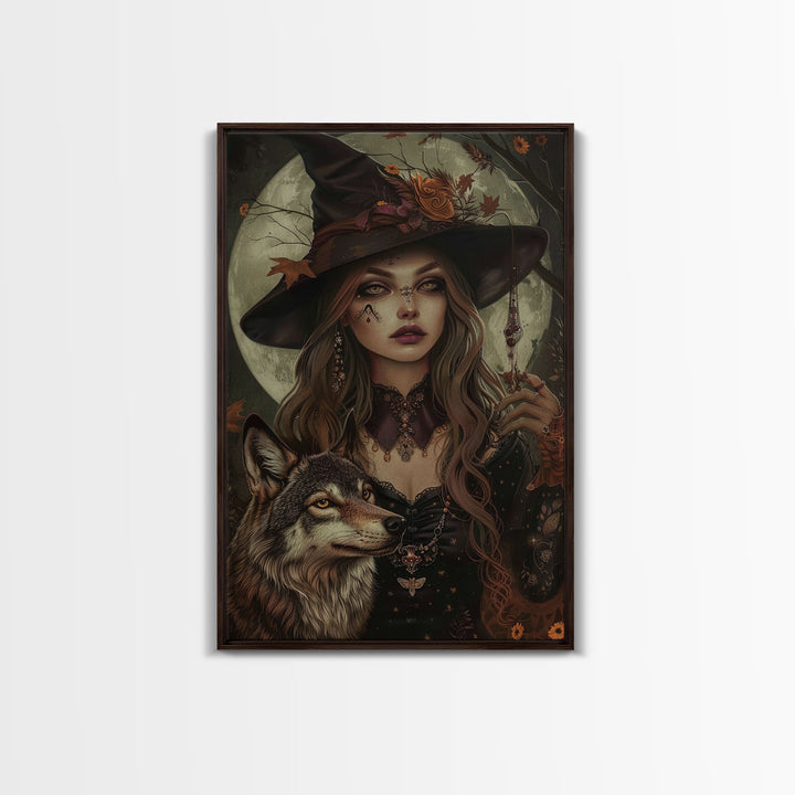 The Witch And The Wolf, Spooky Halloween Wall Art Framed Canvas Print, Spooky Season, Witch Painting, Halloween Decor and Art, Seasonal