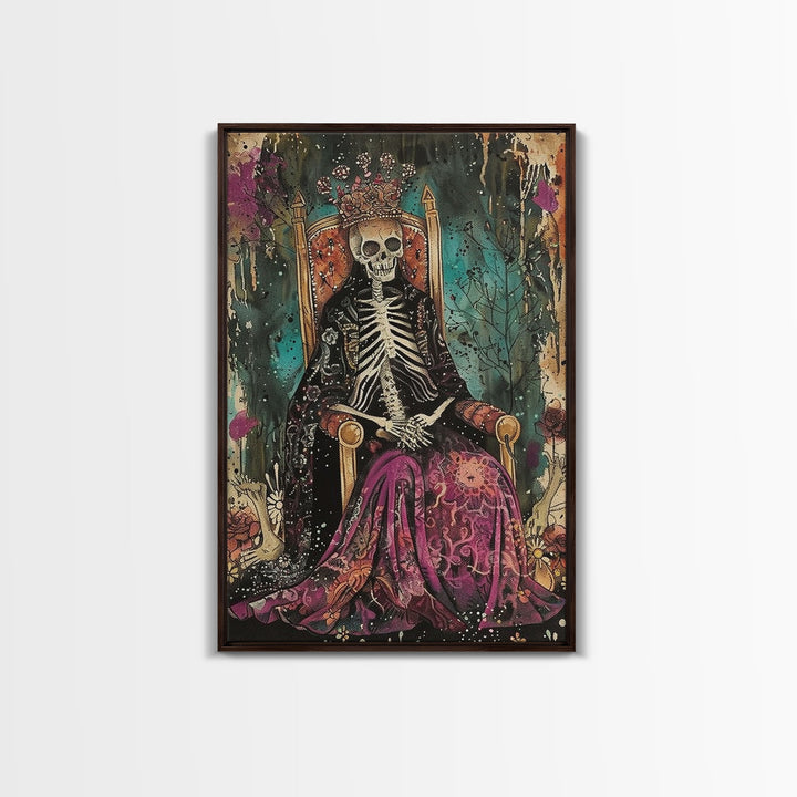 Skeleton King in Regal Throne Framed Canvas Print, Royalty Decor, Halloween Skeleton Art, Haunted Mansion Wall Art, Gothic Skeleton Print