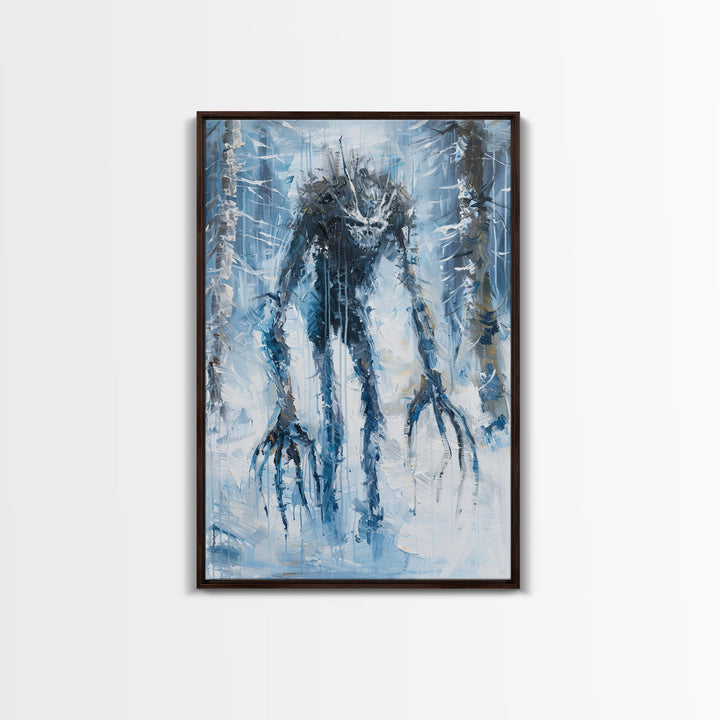 Wendigo in Winter Woods Framed Canvas Print, Eerie Winter Monster Decor, Halloween Creature Art Haunted Forest Wall Art Spooky Monster Print