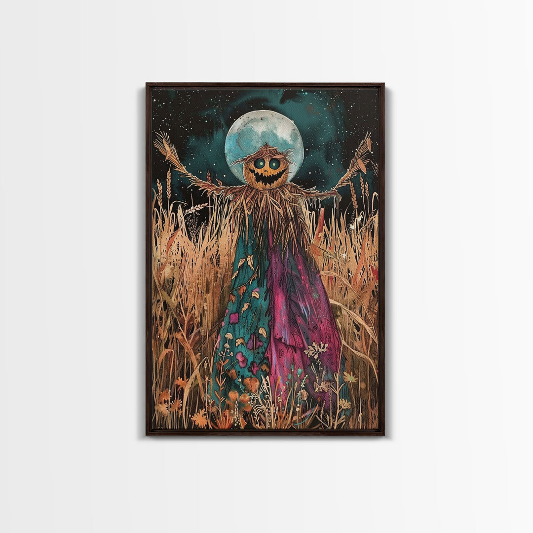 Spooky Scarecrow in Field Framed Canvas Print, Haunted Field Decor, Halloween Scarecrow Art, Eerie Harvest Wall Art, Creepy Scarecrow Print