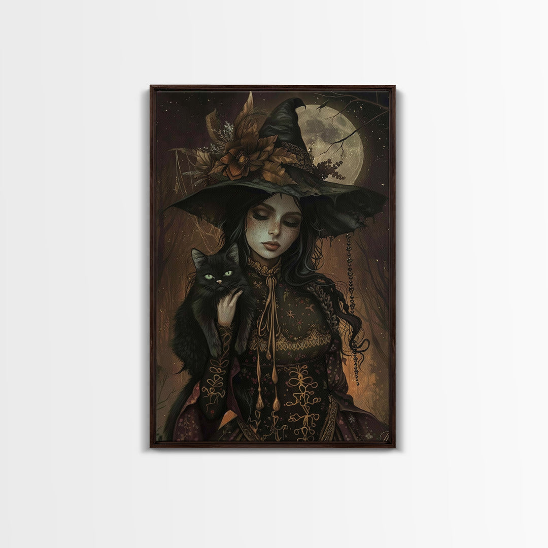 The Witch and The Black Cat Framed Canvas Art, Spooky Victorian Witch Art, Spooky Season, Halloween Props, Halloween Accessories Art