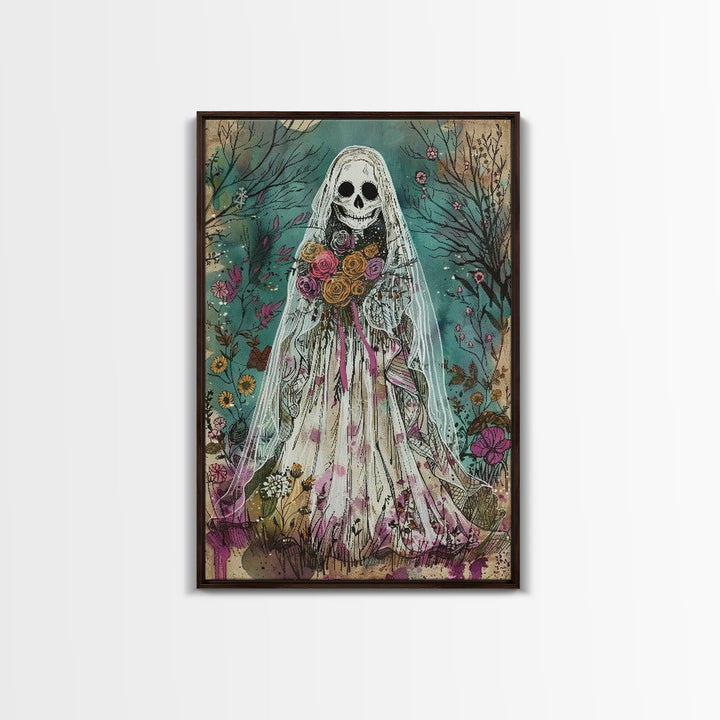 The Ghostly Bride, Cottage Core Ghost Decor, Cottagecore Halloween Art Framed Canvas Print, Unique Wall Art, Spooky Season Decor