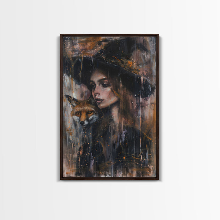 The Witch And Her Fox Familiar Framed Canvas Print | Halloween Unique Decor / Gift Idea | Witch Art | Witch Hat | Framed Canvas