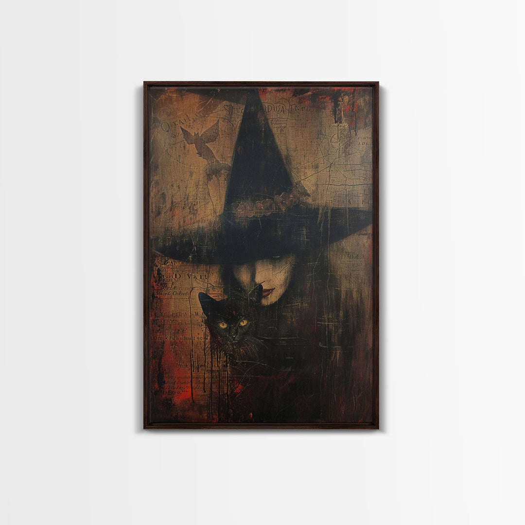 Witch And Black Cat Framed Canvas Print, Spooky Halloween Decor, Framed Canvas, Vintage and Distressedd Halloween Wall Art, Spooky Vibes