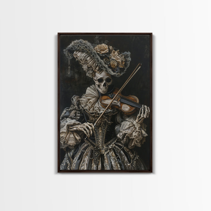 Victorian Skeleton Violinist Framed Canvas Print, Halloween Art, Creepy Wall Art, Spooky Home Decor, Scary Art, Gothic Living Room Decor