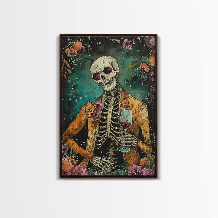 Skeleton Gentleman with Wine Glass Framed Canvas Print, Halloween Art, Creepy Wall Art, Spooky Home Decor, Scary Art, Unique Wall Decor